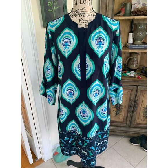Crown & And Ivy Navy Blue Aqua Damask Monkey Shift Dress - Picture 1 of 9
